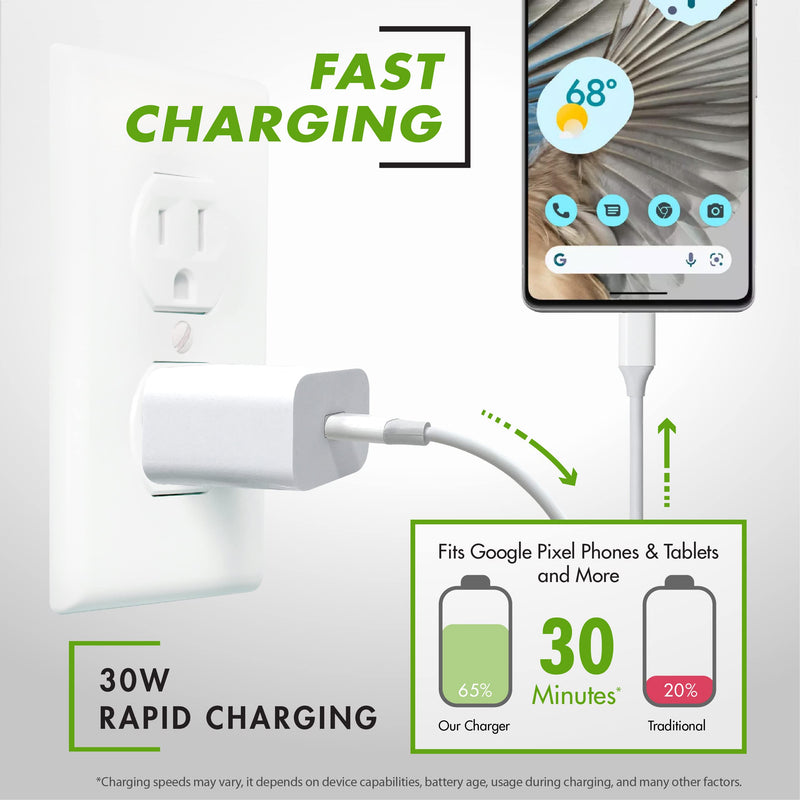 30W USB-C Fast Charger and Cable Compatible with Google Products, Google Pixel Phones, Tablets and Other USB-C Devices (1-Pack - 6-Foot) 1-Pack (6Ft)