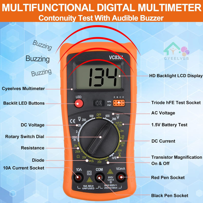 [Australia - AusPower] - Digital Multimeter, Multimeter with AC DC Voltmeter & Ohm Volt Amp Tester, Multifunction Battery Tester, Pocket Meter with Backlight Tests Wire, Voltage Tester Measure Voltage Current Resistance Diode Orange 