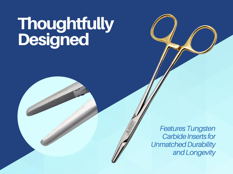 [Australia - AusPower] - Bundle of Mayo Hegar Needle Holder 6" Gold Plated Handle with Tungsten Carbide Inserts & Adson Forceps Kocher with Skin Stopper at The Back 4.75" Straight Fine Point 1X2 Teeth by Artman Instruments 