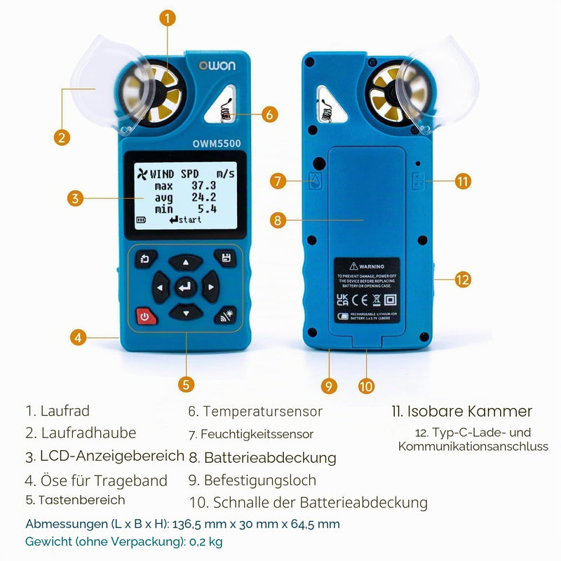 OWON OWM5500 Digital Anemometer: Handheld HVAC Tool for Precise CFM Air Flow Measurement, Wind Speed Measurement, Temperature and Humidity Monitoring with USB Sync to PC