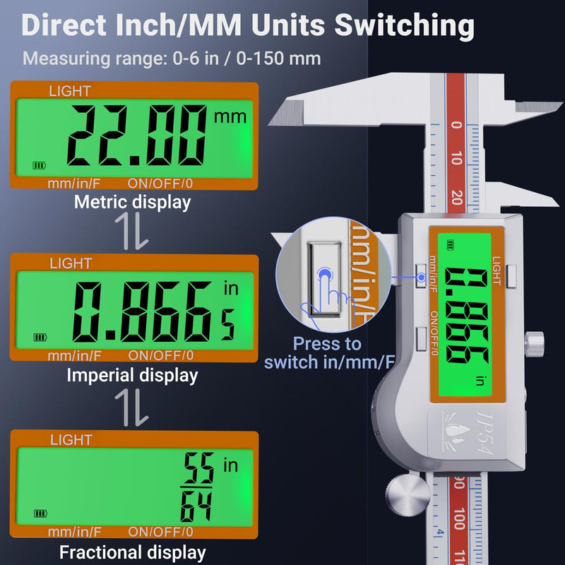 [Australia - AusPower] - Preciva Digital Caliper Measuring Tool, Stainless Steel Digital Micrometer Vernier Caliper, with Backlight LCD, Auto-Off Feature, IP54 Splash Proof Protection and Inch Metric Conversion 6 Inch/150 mm 