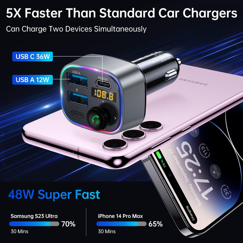 [Australia - AusPower] - Syncwire Bluetooth 5.3 FM Transmitter Car Adapter 48W (PD 36W & 12W) [Light Switch] [Hi-Fi Deep Bass] [Fast Charge] Wireless Radio Music Adapter LED Display Hands-Free Calling Support USB Drive Silver 