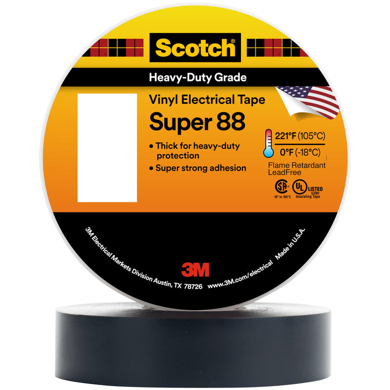 3M Scotch Vinyl Electrical Tape Super 88, 1-1/2 in x 44 ft, Black, 1 Roll, Premium Grade, Rubber Resin Adhesive, PVC Backing, All-Season Heavy Duty Electric Tape