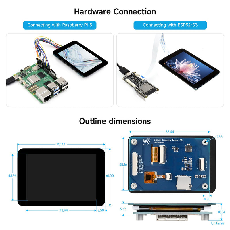 Waveshare 3.5 inch Capacitive Touch Display Module, Compatible with Raspberry Pi 5/4B/3B/Zero/Zero W/Zero 2W/Pico/Pico W/Pico WH// ESP32/Arduino, 320 × 480 Resolution, IPS Display