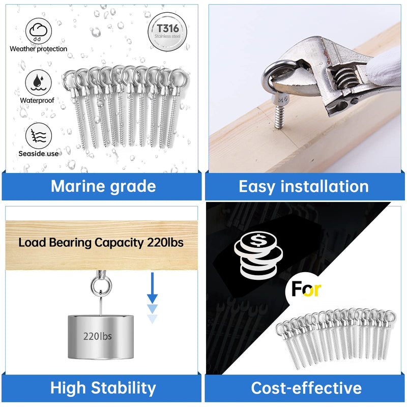 Muzata 20Pack 3.6Inch M6 Screw Eye Hook Wood Screws Metal Hook T316 Stainless Steel for Wood Securing Cable Wire Terminal Ring Eyelet Stand Self Tapping Eye Bolt Indoor Outdoor CN02 20P-3.8Inch Silver