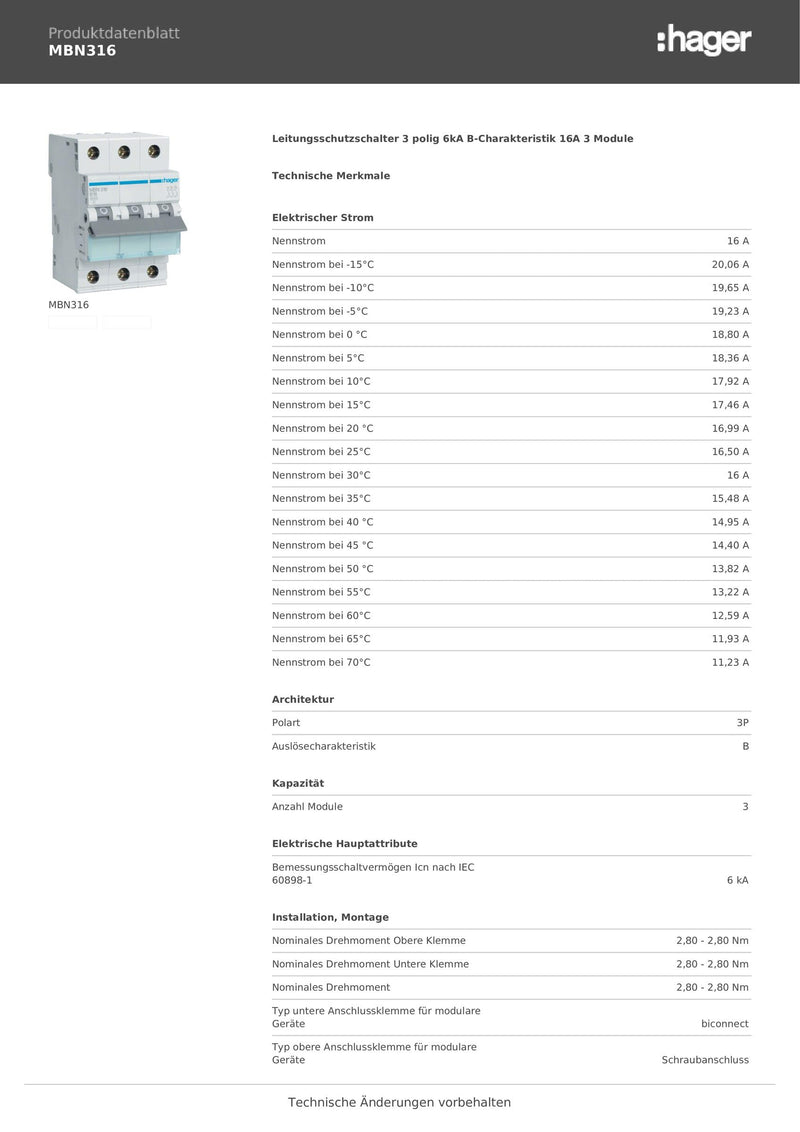 Hager MBN316 Circuit Breaker 3-Pin 6kA B-Characteristic 16A 3 Modules | LS switch for DIN rail - 3-phase fuse - QuickConnect technology - Rated voltage 400V - Reliable cable protection