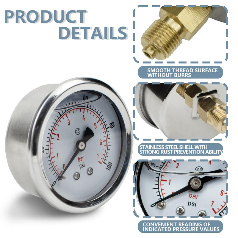 [Australia - AusPower] - Innfeeltech 1-Pcs 40 mm Pressure Gauge BSP 1/8 Inch 0-7 Bar 0 ~ 100 Psi with 3 Pieces Socket 1/8 Inch to 1/4 Inch, 1/8 Inch to 3/8 Inch and 1/8 Inch to 1/2 Inch and Teflon Tape, Axial 40MM, 7bar(100psi) 