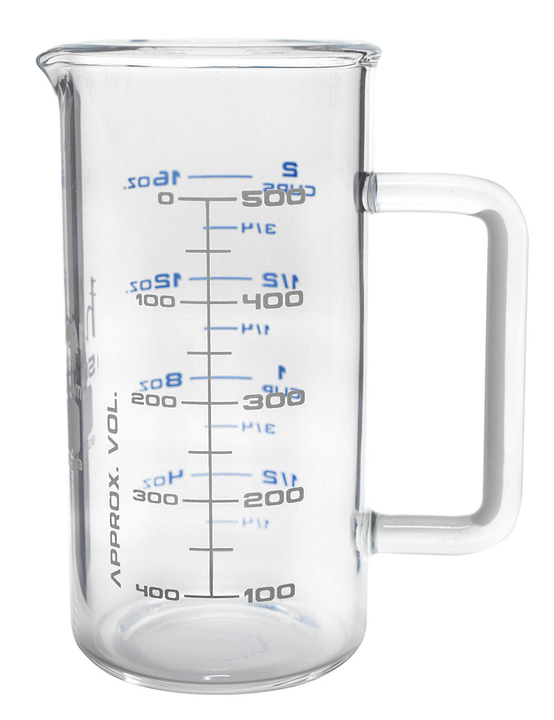 hBARSCI Industrial Beaker Mug, 500ml - Extra Heavy Duty 3.3 Borosilicate Glass - Tall Form, with Spout - Double Sided, Printed Graduations in Cups, Ounces & Milliliters