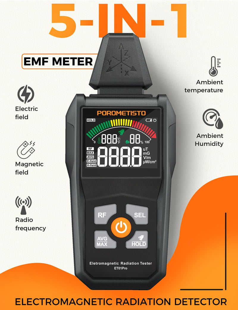 [Australia - AusPower] - EMF Meter Radiation Detector, ET01Pro EMF Detector, 5-in-1 Electromagnetic Field & Radio Frequency Detector for Home & Office EMF Inspections, Ghost Hunting| Portable Handheld 
