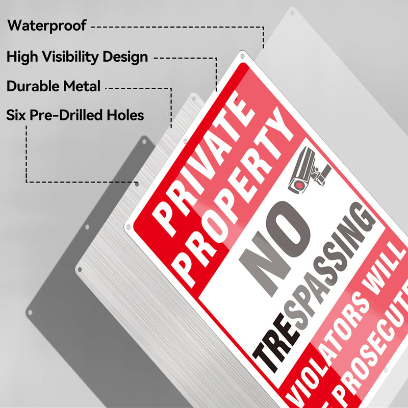 4 Pack Large Private Property No Trespassing Signs, Aluminum No Trespassing Video Surveillance Sign, No Trespassing Signs–Weatherproof and Highly Visible for Property Protection (10x14 inches) 10 x 14 inches Red No Trespassing Signs