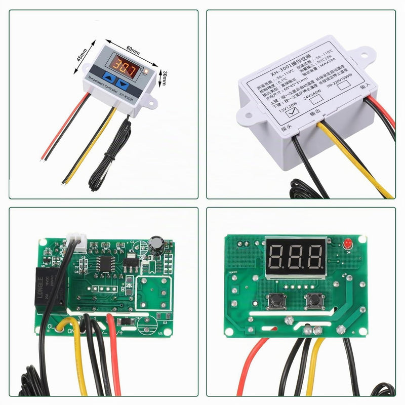 Gebildet XH-W3001Mini 2-Piece Digital LED Temperature Control Module with Quick Connection, Thermostat Switch with Waterproof Sensor Probe, Programmable Heating/Cooling Thermostat from 50 to 110 Degrees (12 V) 12 V