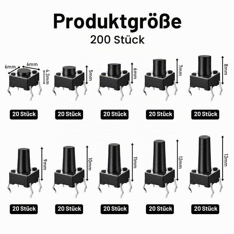 200 Pieces 10 Values Micro Momentary Tactile Pressure Switch Kit, 6 x 6 mm 4-Pin Push Switch Momentary Tactile Pressure Switch for Circuit Boards Versatile Assortment for Electronics Car Projects