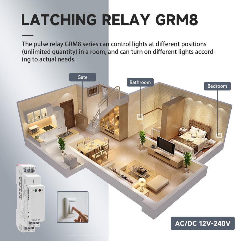 Electronic Impulse Latching Relay, GRM8-01 16A Memory Impulse Relay Wide Range Voltage AC DC 12V to 240V Pulse Relays Din Rail Mounted GRM8-01AC/DC12V~240V