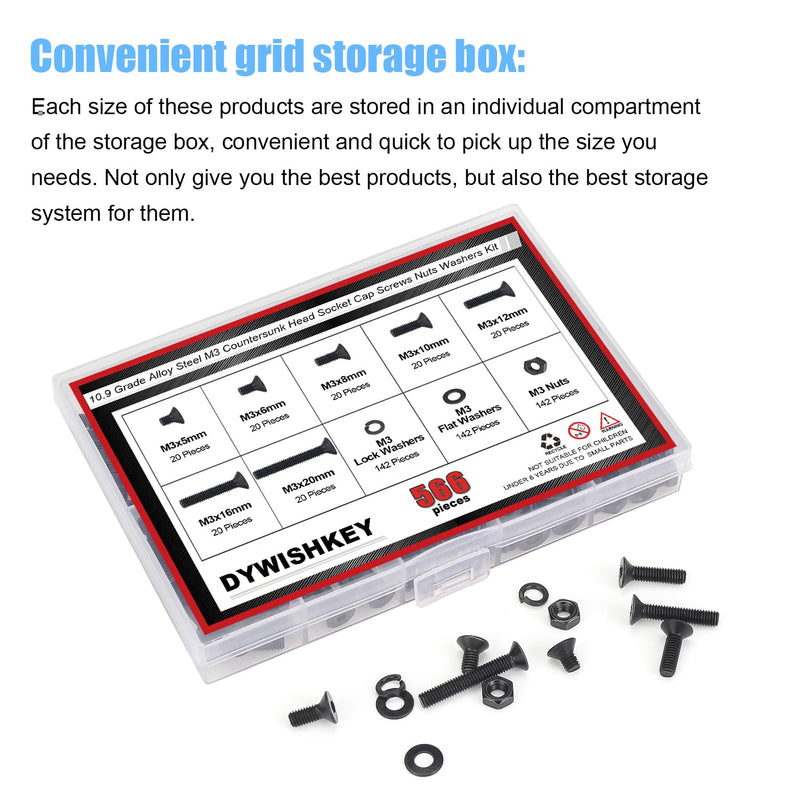 [Australia - AusPower] - 566 Pieces M3 Black Screws, 10.9 Grade Alloy Steel M3x 5/6 /8/10 /12/16 /20mm Countersunk Head Socket Cap Screws Bolts Nuts Washers Assortment Kit 
