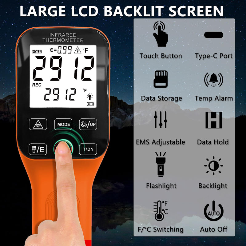 [Australia - AusPower] - Pyrometer, 30:1 Industrial Infrared Thermometer Gun Rechargeable, -58℉~2912℉ High Temp Waterproof Digital IR Laser Temperature Gauge (NOT for Human) Orange 