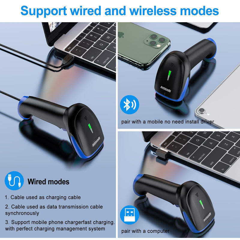 Symcode Wireless Bluetooth Barcode Scanner,3-in-1 Bluetooth & USB Wired & 2.4G Wireless Barcode Reader Scanner 2D 1D QR Code Automatic Fast Precise Bar Code Scanner for Phone Laptop Tablet Blue