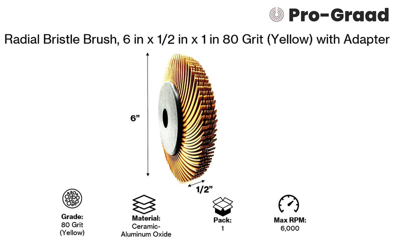 [Australia - AusPower] - Radial Bristle Brush, 6 in x 1/2 in x 1 in 80 Grit (Yellow) with Adapter, Type C Curved Bristle (Pack of 1) 