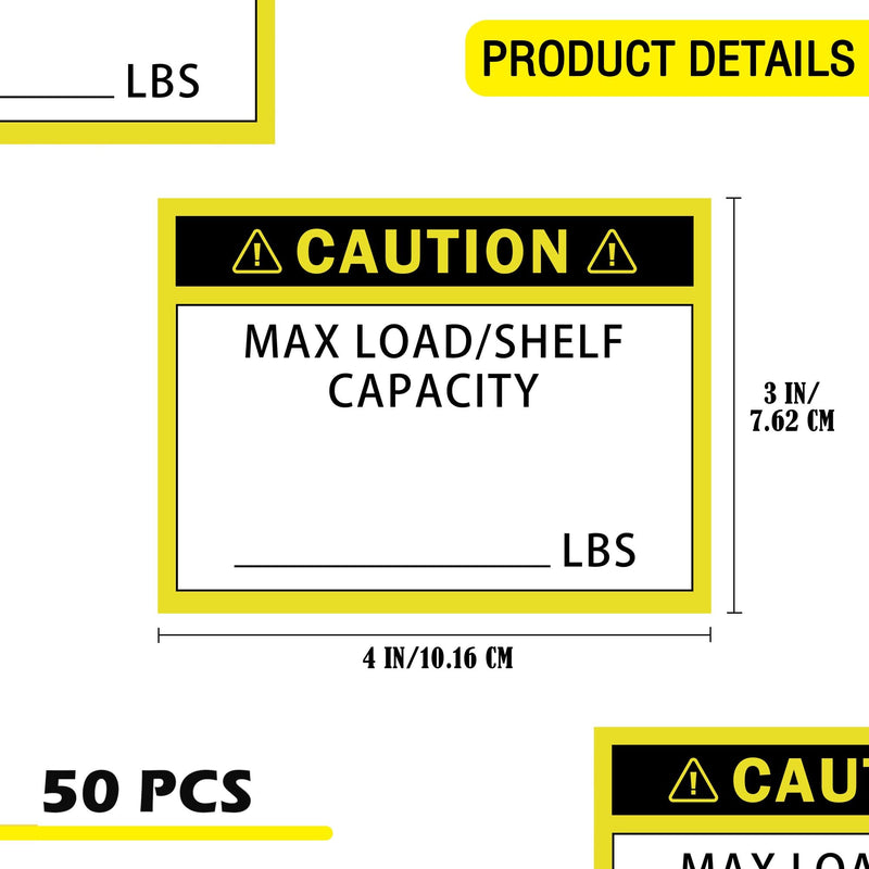 Pallet Rack Capacity Labels 3x4-Inch Caution MAX Load/Shelf LBS Warning Stickers - 50 Pcs/Pack Industrial Strength Sticker for Warehouse Safety (yellow) yellow