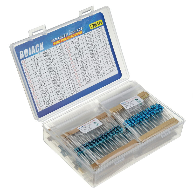 BOJACK Resistors Assortment Kit 1 Ohm - 1M Ohm 1/2W Metal Film Resistor Kit (25 Values 1000 Pieces) 1/2 W