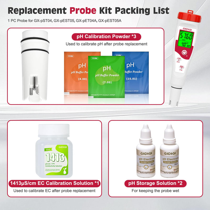 [Australia - AusPower] - Replacement pH Probe with 2 * 250ml pH 7.0 Buffer Solution for GIDIGI Simultaneously Display pH Meter, pH Electrode with 1413μS/cm EC Calibration Solution and pH Storage Solution for GX-T4,GX-T5 