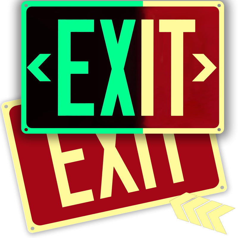 2Pack Photoluminescent Exit Sign Aluminum - 14x10 Inches Glow In Dark Exit Sign with Adhesive Backing - Removable Arrows Included - Non Electrical Red Exit Light For 50 Feet Visibility 14"X10"-2PACK