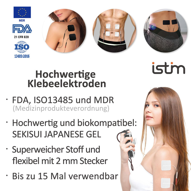iStim 16 TENS Electrodes 5 x 5 cm - Super Soft, Self-Adhesive & Reusable Black Pads for TENS EMS Devices - Certified Medical Device for Pain and Muscle Therapy with 2 mm Connection