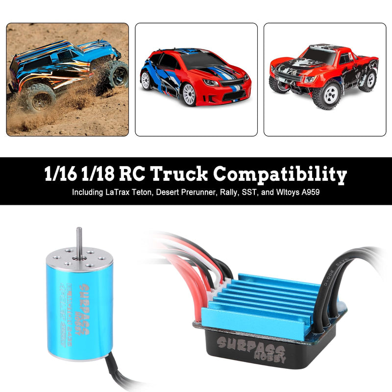 Surpass Hobby 2435 4800KV Brushless Motor and 25A ESC Electric Speed Controller Combo Upgrades for 1/16 1/18 RC Truck LaTrax Teton Desert Prerunner Rally SST Wltoys A959 (Blue)