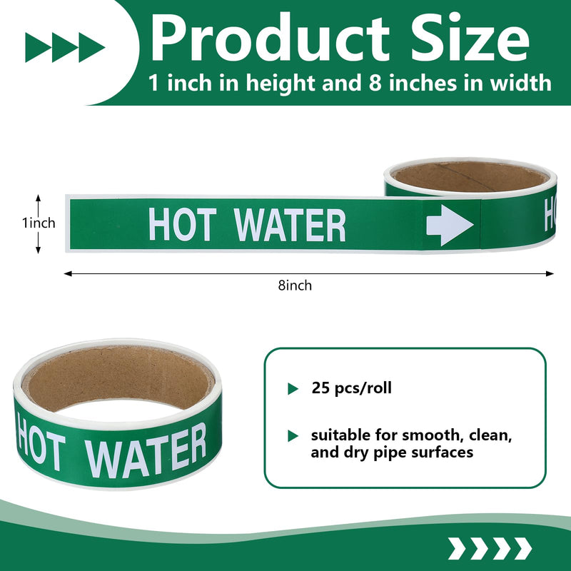 1 Roll Economy Pipe Markers - 1" Height x 8" Hot Water Pipe Labels, White On Green Pressure Sensitive Vinyl