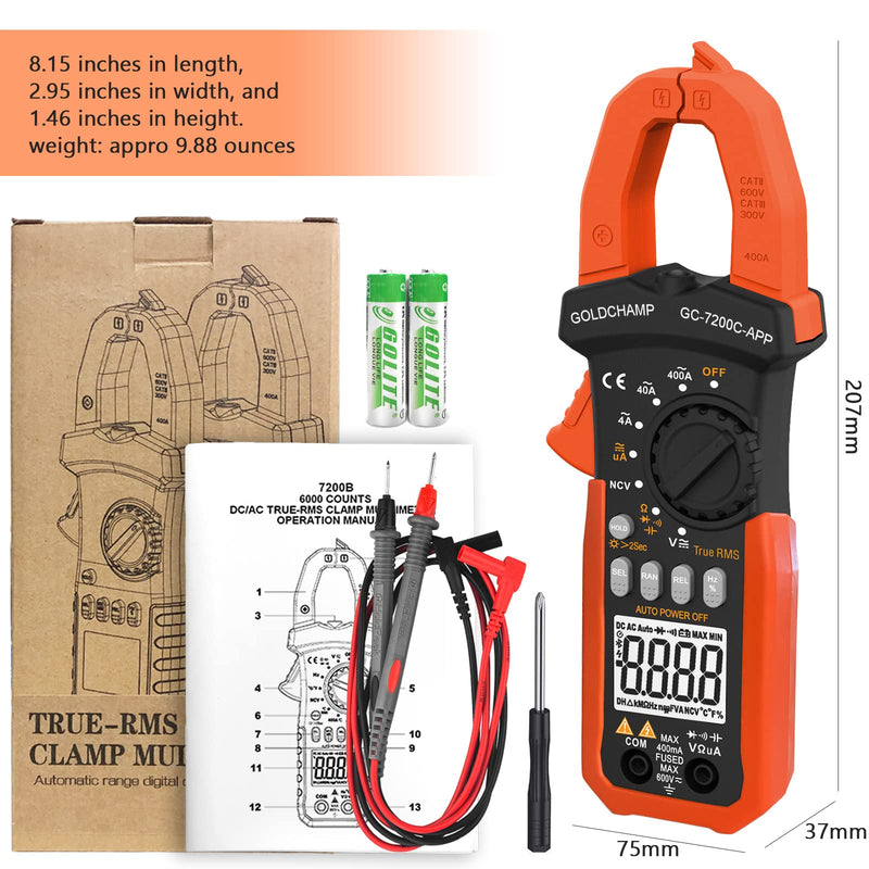 [Australia - AusPower] - Digital Clamp Meter with APP Bluetooth, 4nF~40mF Capacitance Meter, 400uA/4000uA DC Current, True RMS AC Clamp Meter, 400?~40M? Resistance Meter, NCV Function and Continuity Buzzer-GC-7200CAPP GC-7200C-APP(APP amp meter) 