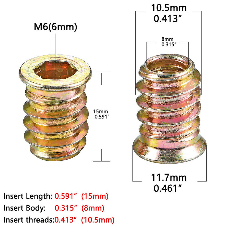 [Australia - AusPower] - 80 Pieces M6 Wood Inserts Bolt Furniture Screw in Nut Threaded Fastener Connector Hex Socket Drive for Wood Furniture Assortment (M6x15mm) M6x15mm 