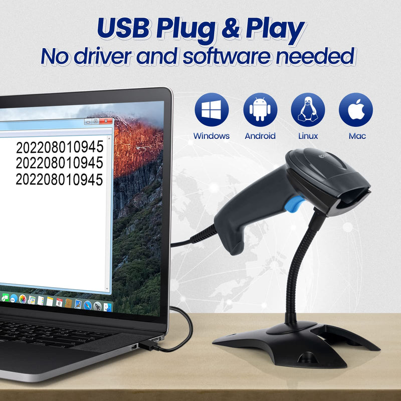 [Australia - AusPower] - OBZ 1D 2D Barcode Scanner with Stand, USB Wired Handheld QR Code Scanner Supports Screen Scan, Portable Automatic CMOS Image Bar Code Reader for Store, Library, Warehouse, POS and Computer Plug & Play USB handheld Scanner with Stand 
