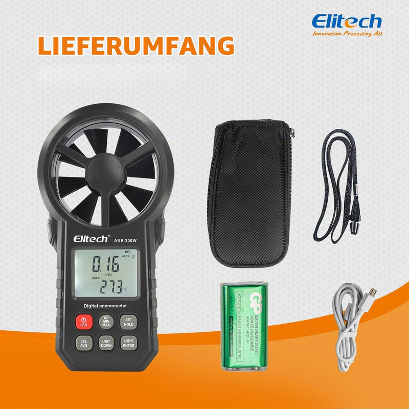 Elitech Bluetooth Wind Gauge, Digital Anemometer Wind Speed Measurement Temperature, CFM/CMM Air Flow Measurement for HVAC & Environmental Testing ANE-200W