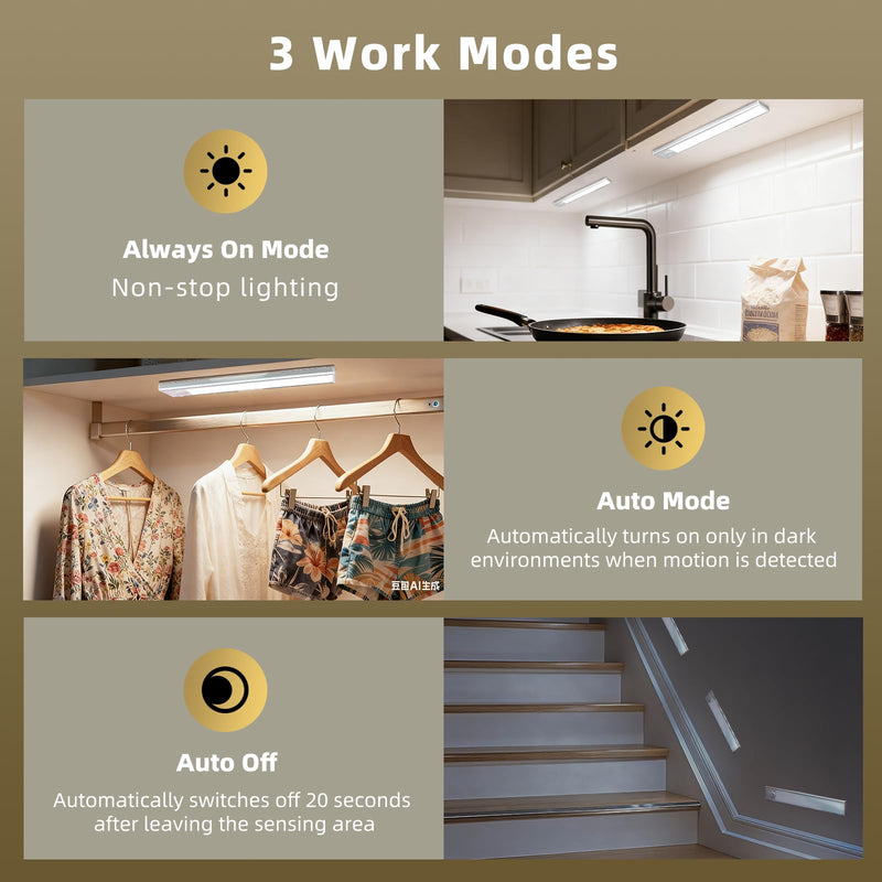 10inch Under Cabinet Lighting, 4 Pack Rechargeable Motion Sensor Light Indoor, Wireless Dimmable Magnetic Closet Lights, 40 LED Under Counter Lights for Kitchen, Wardrobe, Stairs, White Light 10inch