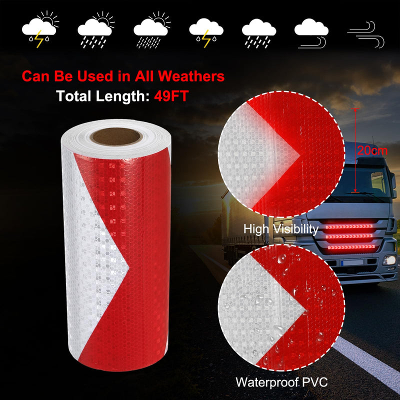 MECCANIXITY Reflective Tape, 8 Inch x 49 ft Trailer Reflector Tape Waterproof Warning Safety Sticker Night Reflector Arrow Tape for Bikes Cars Trucks, Red-White 8 Inch x 49 Feet