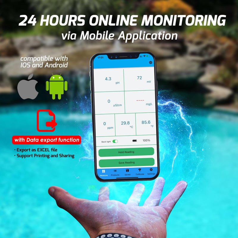 [Australia - AusPower] - 6-in-1 Digital Floating Water Monitor with Bluetooth | Real-Time pH, EC, ORP, Chlorine, Salinity & Temperature Testing | 1000 Data Records, Waterproof IP67, Easy Calibration, 24-Hour Monitoring 