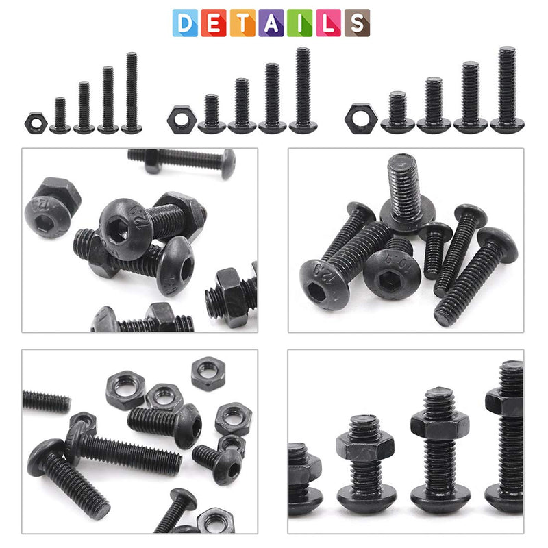 [Australia - AusPower] - Glarks 510Pcs M3 M4 M5 Alloy Steel Button Head Socket Cap Bolts Screws with Nuts Assortment Kit, Black Oxide Finish(Button Head) Hex Button Head Cap Screws Set 