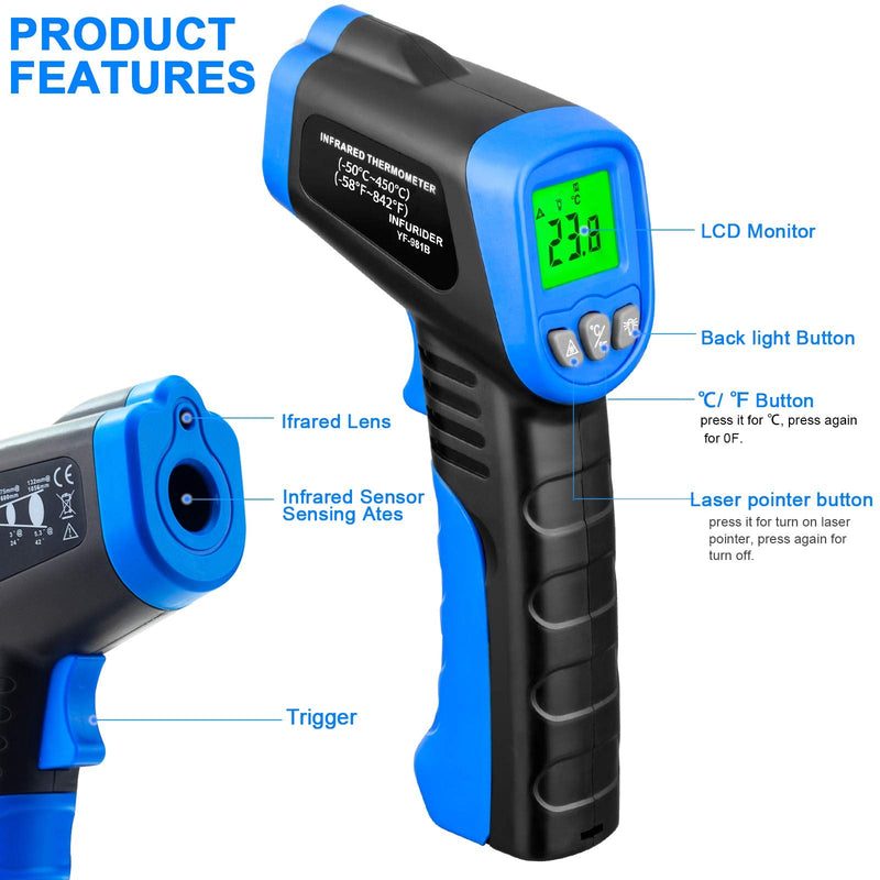 [Australia - AusPower] - Infrared Thermometer Gun, INFURIDER Temperature Gun Measures Temp from -58℉ to 842℉ with Backlit Display, Laser Thermometer Gun, Meat Thermometer, Pizza Oven Accessories, Digital Infrared Thermometer 981B 
