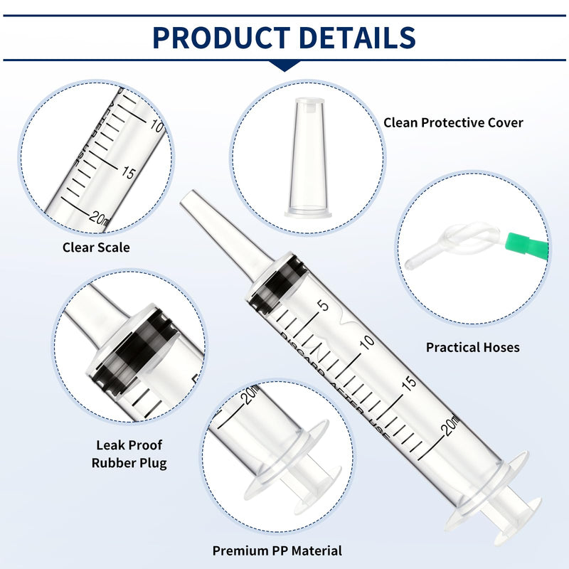 Pack of 8 Syringes, 20 ml, with Hose 15 cm, Large, Leak Protection, PP | Syringe with Lid, Needle, Reusable, Transparent, for Scientific Laboratories, for Measuring Liquids 20ml