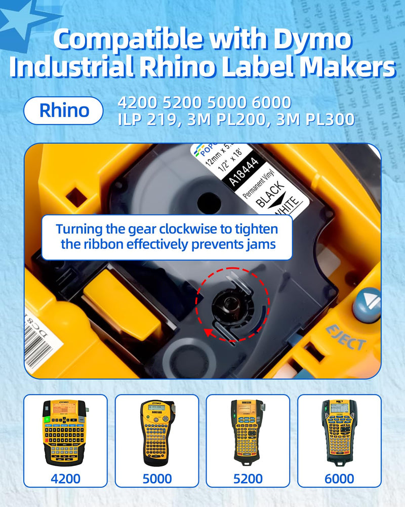 Compatible for DYMO Rhino Refills Industrial Permanent Vinyl Tape Black on White 5PK 19mm 18445 and 5PK 12mm 18444, 5.5m (18 feet) for Rhino 4200 5200 5000 6000 3M PL200 3M PL300