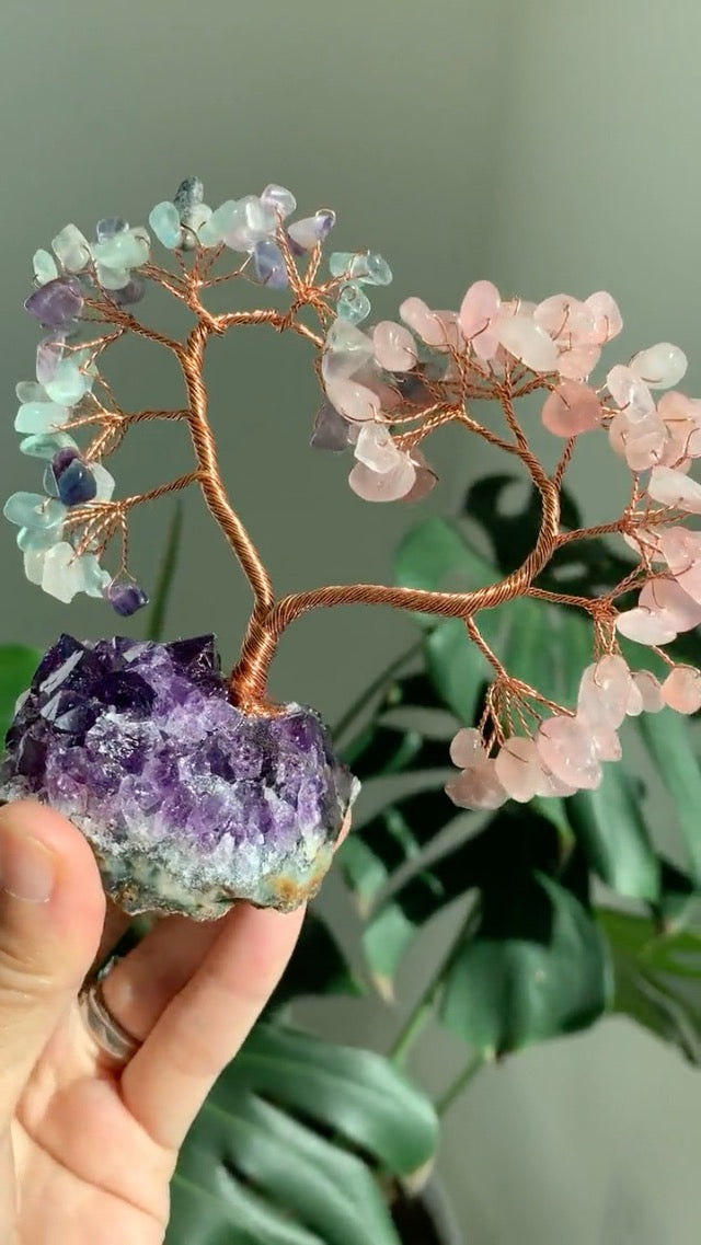 Handmade Crystal Heart Tree of Life on Amethyst Cluster Base Money Stone Tree for Wedding Reiki Healing Energy Home Office Indoor Decor, Rose Quartz and Fluorite #1- Rose Quartz & Fluorite