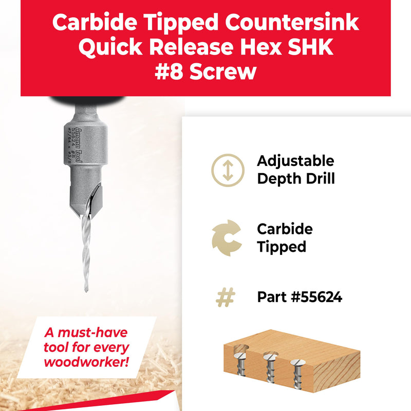 Amana Tool Carbide Tipped 82 Degree Countersink Tapered Drill Bit, 55624, Screw 8, 3/8 Dia x 7/64 Drill D x 1/4 Hex Shank