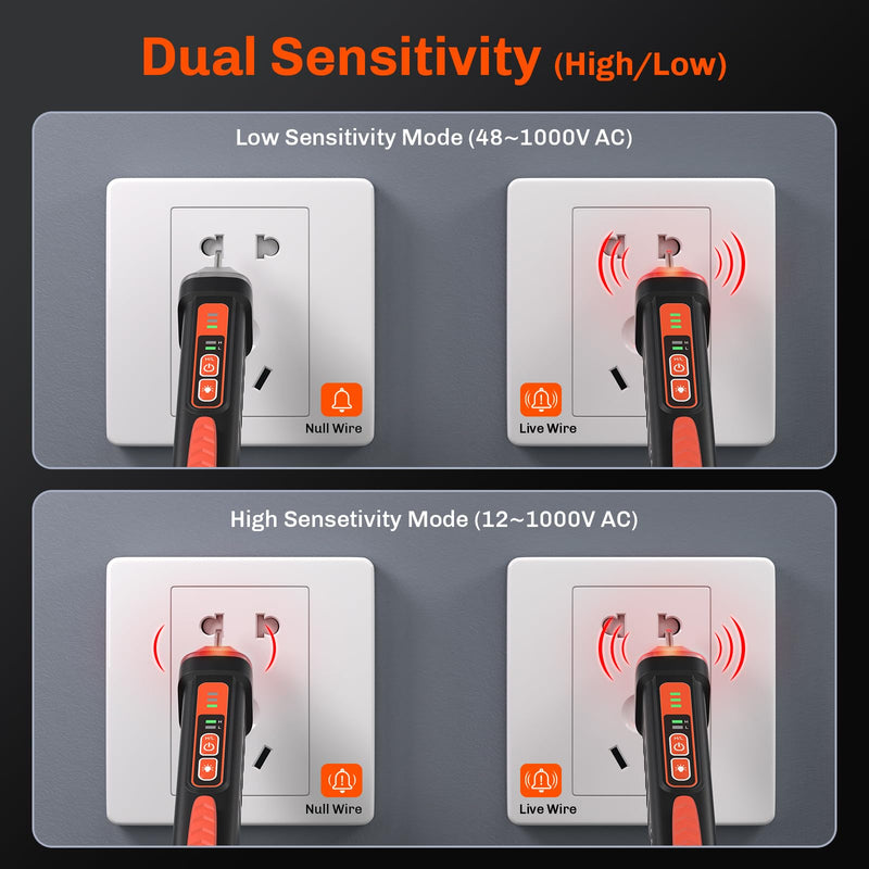 [Australia - AusPower] - Non Contact Voltage Tester Pen, Electrical Tester Pen, AC 12/48-1000V Dual Sensitivity, Live/Neutral Wire Detector with LED Flashlight & Audible Alarm, Safety Certified, Breakpoint Finder 