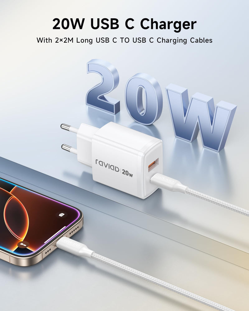 RAVIAD 20 W USB C Charger 2 Pack, 2 Port Fast Charger with 60 W Cable 2 m | Multiple Power Supply USB C+USB A with Fast Charging Cable USB C to USB C for iPhone 17 16 15 Pro Max, iPad Pro, Macbook 2 packs