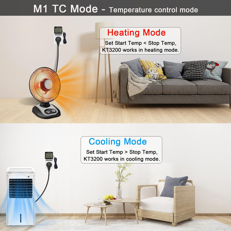 [Australia - AusPower] - KETOTEK Digital Day/Night Temperature Controller 120V, Thermostat Outlet Plug with Timer, Thermostatic Outlet Switch 110V with 3m Sensor for Reptile Terrarium Greenhouse, Heating/Cooling Temp Control KT3200pro No Backlit 