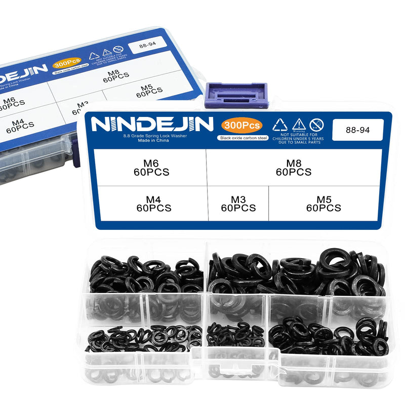 [Australia - AusPower] - NINDEJIN 300Pcs Spring Lock Washers Assortment Kit, M3 M4 M5 M6 M8 Black Zinc Plated Carbon Steel Split Lock Washer Set, Spring-loaded Circular Split Washers for Prevent Fasteners Loosening 