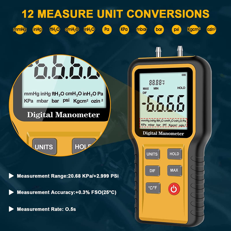 [Australia - AusPower] - Manometer, Professional Air Pressure Meter, Handheld HVAC Manometer 12 Selectable Units Differential Pressure Gauge, Dual-Port Manometer Gas Pressure Tester with Backlight (Included Battery) QX1201?12 Selectable Units? 