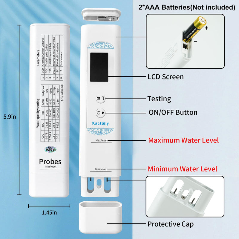 [Australia - AusPower] - 6 in 1 Digital Water Tester for Drinking Water, Lab Grade TOC/COD/EC/UV275/Temp/TDS Meter Digital Water Tester and Calibration Solution for Home, RV, Camping, Well, Tap Water 6 in 1 Water Tester with Solution 