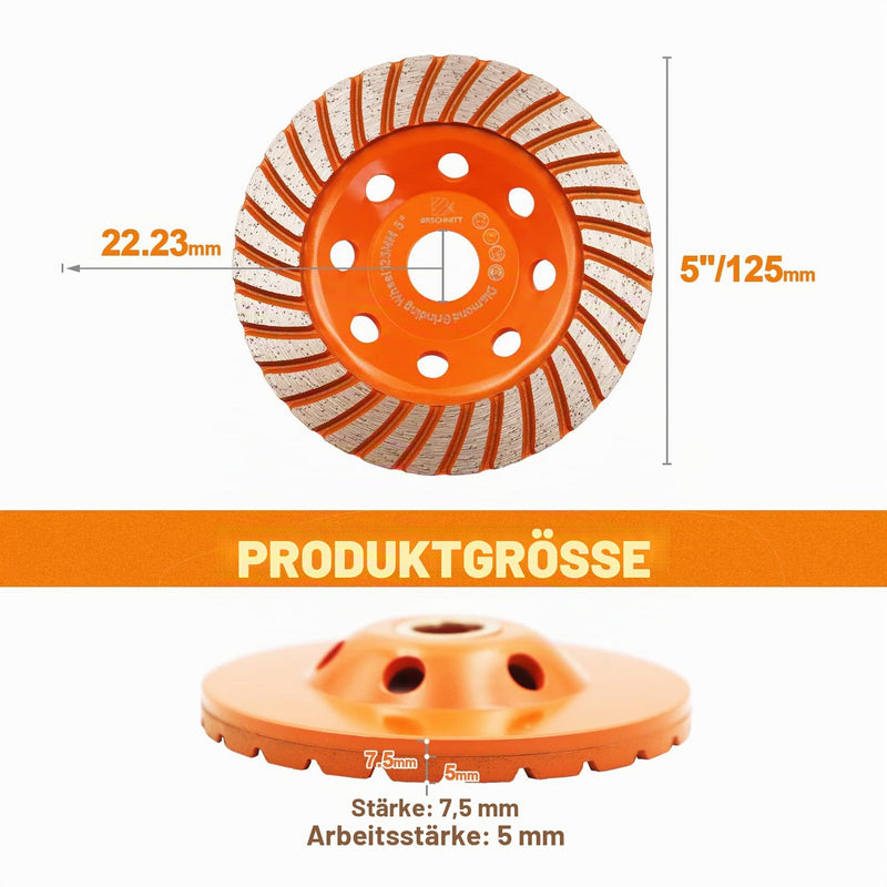 Diamond Cup Wheel 125 mm - BRSCHNITT Welded Double Row Diamond Cup Grinder Grinding Wheel for Concrete Masonry Granite Marble Natural Stone 1