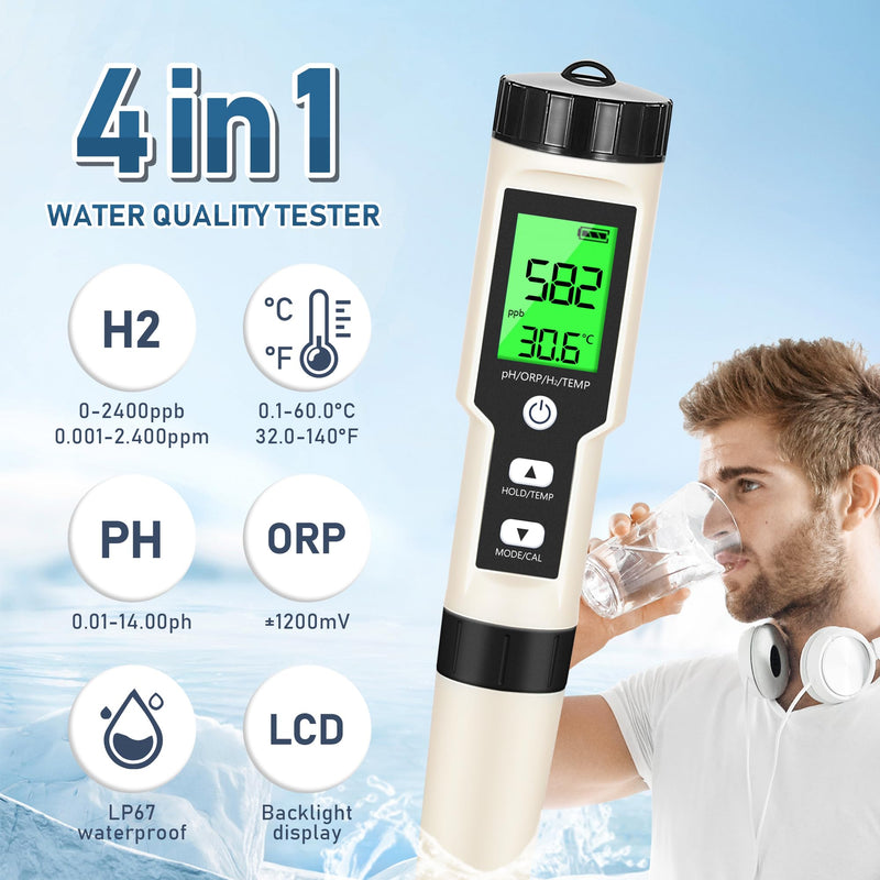 [Australia - AusPower] - Hydrogen Water Tester 4 in 1 PH,H2,ORP&Temp,pH Meter ORP Meter Hydrogen Tester for Water with ATC & Backlight,Accurate Hydrogen Water ppb/ppm Meter 
