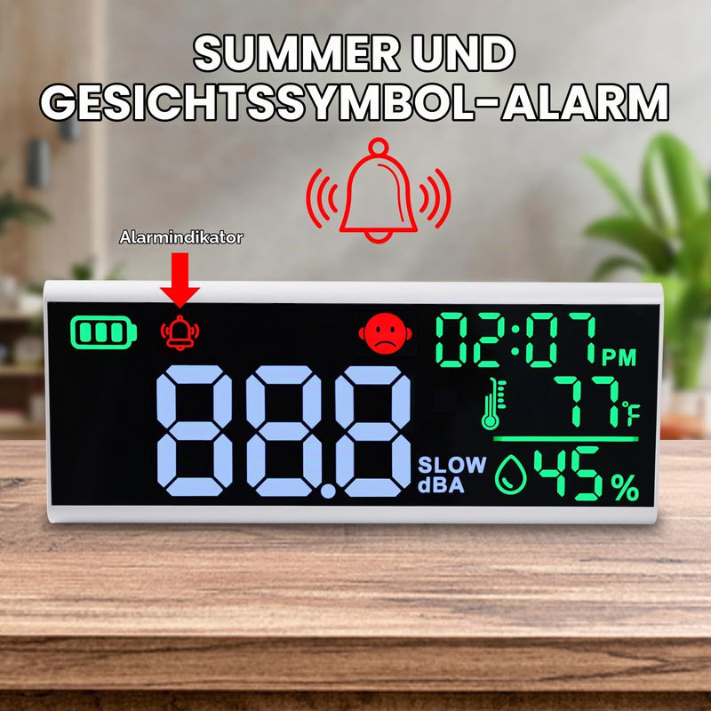 Decibel Meter 13 Inch Wall and Table Sound Level Meter Large LED Device for Displaying Decibels, Time, Temperature and Humidity with Buzzer & Symbol Alarm for Classroom and Studio